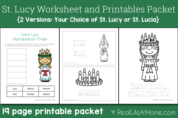 19 page Saint Lucy Printables and Worksheet Packet (also available in a Saint Lucia version)