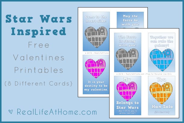 Free printable Star Wars Valentines (which can also be used as lunch box notes) and Star Wars Inspired coloring pages