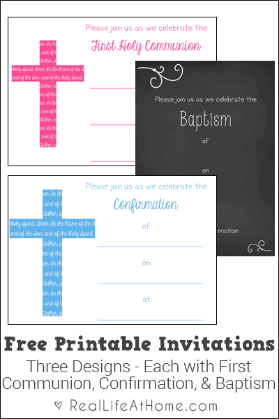 Free printable First Communion, Baptism, and Confirmation invitations and announcements