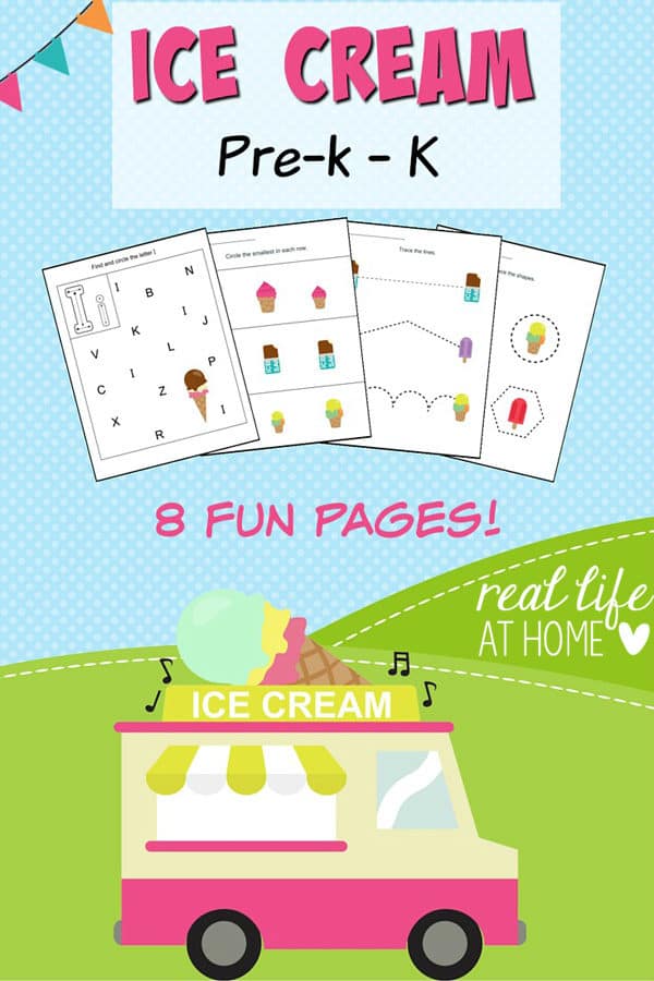 Ice cream printables packet perfect for preschool featuring line tracing, number tracing, letter recognition, visual discrimination, and cutting practice.