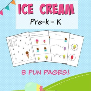 Ice cream printables packet perfect for preschool featuring line tracing, number tracing, letter recognition, visual discrimination, and cutting practice.