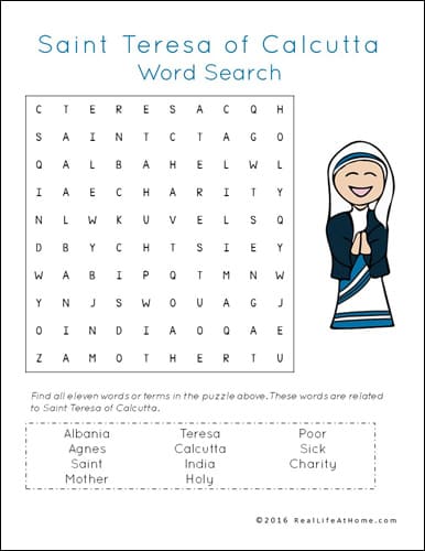 Saint Teresa of Calcutta (Mother Teresa) Word Find