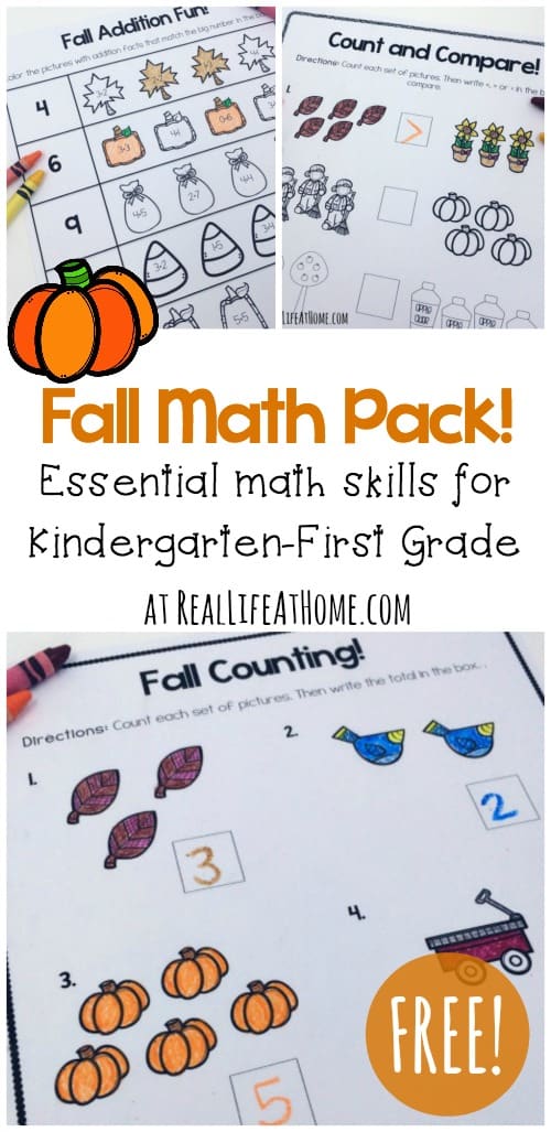 Grab this cute set of early math printable pages for Fall! This set covers counting, comparing and adding numbers within 10. Plus, all pages are black and white for easy printing!