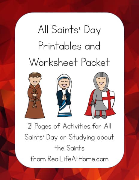 All Saints' Day Printables Packet featuring puzzles, coloring pages, a mini book, and more all about saints | Real Life at Home
