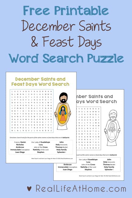 Looking for a fun, low key activity to learn about Catholic saints and feast days in December? This free printable December Saints and Feast Days Word Search is a perfect easy activity!