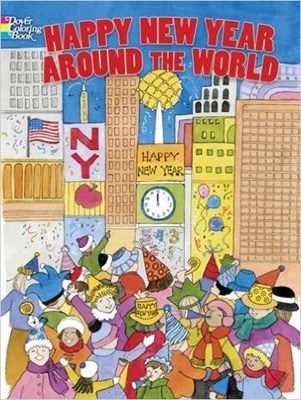 Coloring book featuring New Year's Eve and Day celebrations around the world