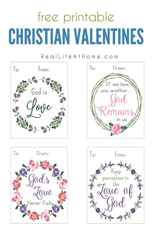 Free printable Christian valentine cards for kids and families featuring decorative wreaths and Scriptures