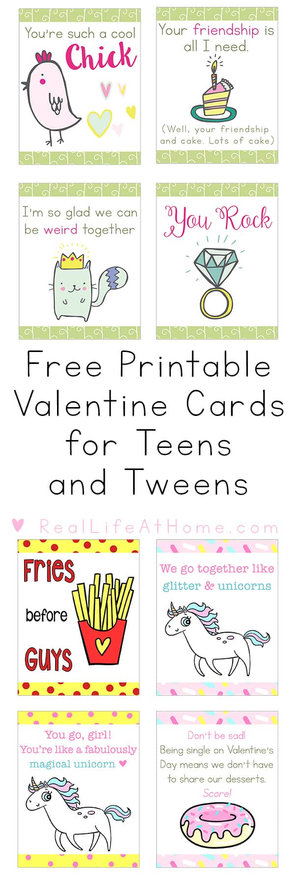 Looking for some fun and quirky valentine cards for kids? This set of eight funny and free printable valentine cards for teens and tweens (or even younger kids or adults) is sure to bring about some smiles and maybe even a giggle or two. | Real Life at Home