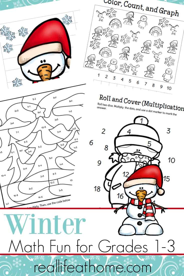 In the cold of winter, it's fun to make some changes to your regular routines. Make math fun with this free printable packet of winter math worksheets for 1st - 3rd grade | Real Life at Home