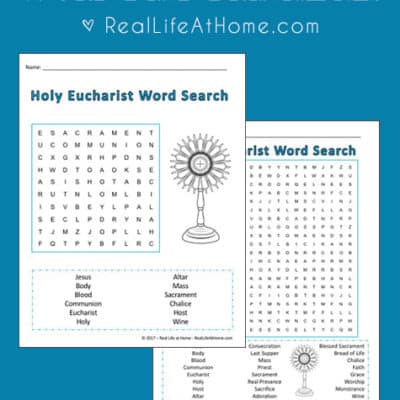 A free printable Holy Communion word search puzzle, perfect for Catholic kids preparing for First Communion or kids studying the Sacraments. | Real Life at Home