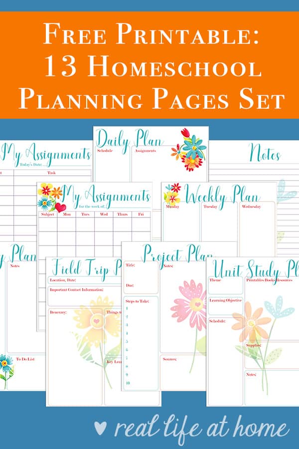 This free 14 page homeschool planning printables set includes pages perfect to use as a homeschool planner or to supplement the one you currently use. Over half of the pages included would also be perfect for non-homeschoolers to use for work or home, such as monthly goals, project planning, daily planning, and more. | Real Life at Home