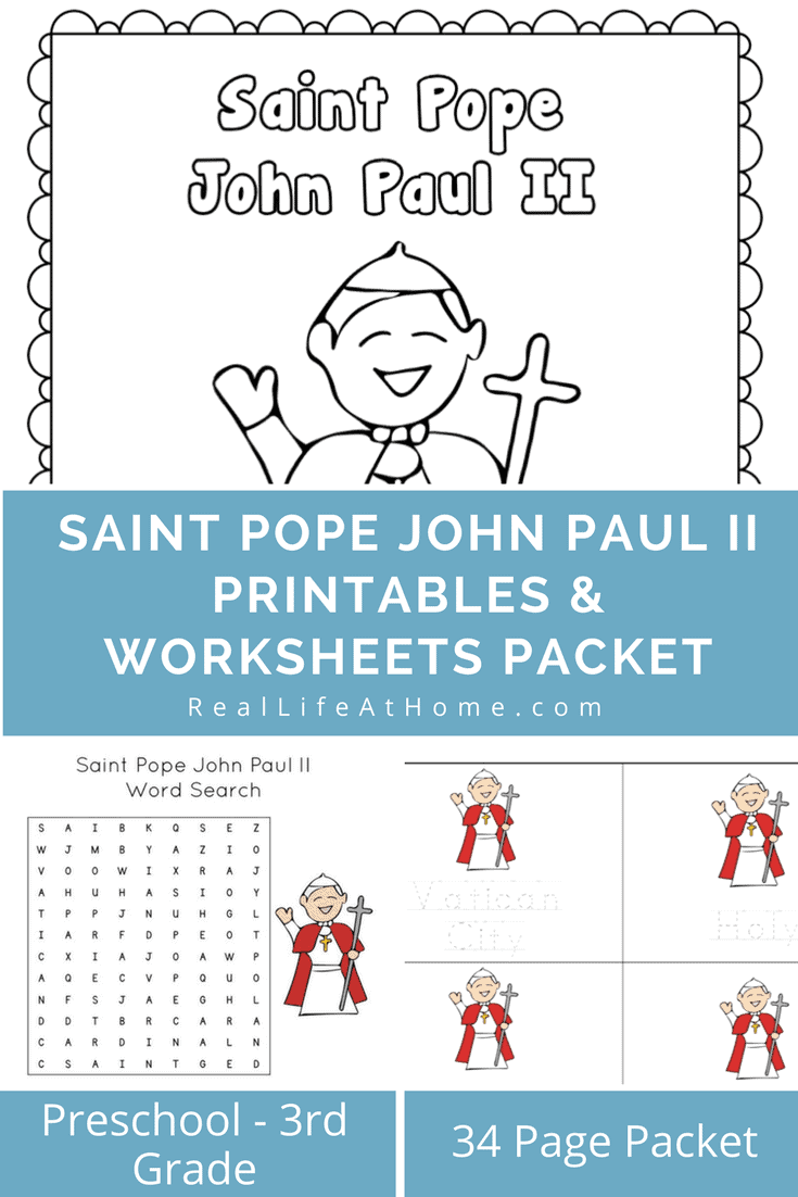 Looking for some activities while celebrating or learning about Saint John Paul the Great or just some fun Catholic printables? Perfect for preschool and elementary students, here is a Saint Pope John Paul II printables and worksheet packets set! | Real Life at Home
