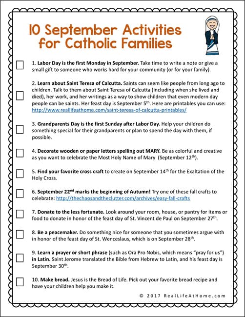 September Activities for Catholic Families Free Printable