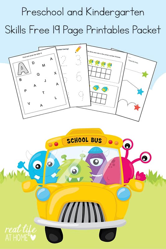 Working on basic skills for kindergarten and preschool? Grab this free 19 page Kindergarten and Preschool Skills Worksheets Printable Packet. | Real Life at Home #preschool #kindergarten #printables