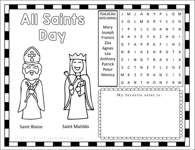 Looking for a printable with activities for All Saints Day? This All Saints Day activity sheet is a fun free printable perfect to use with children. #CatholicPrintables | Real Life at Home