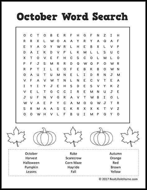 This free October Word Search Printable for Kids is perfect for a class party, Halloween party, or fall party. This free instant download word search puzzle features October terms and some coloring areas. | Real Life at Home