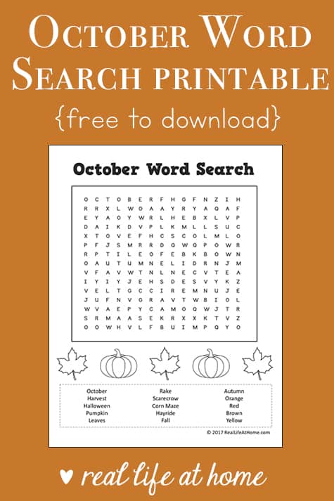 This free October Word Search Printable for Kids is perfect for a class party, Halloween party, or fall party. This free instant download word search puzzle features October terms and some coloring areas. | Real Life at Home