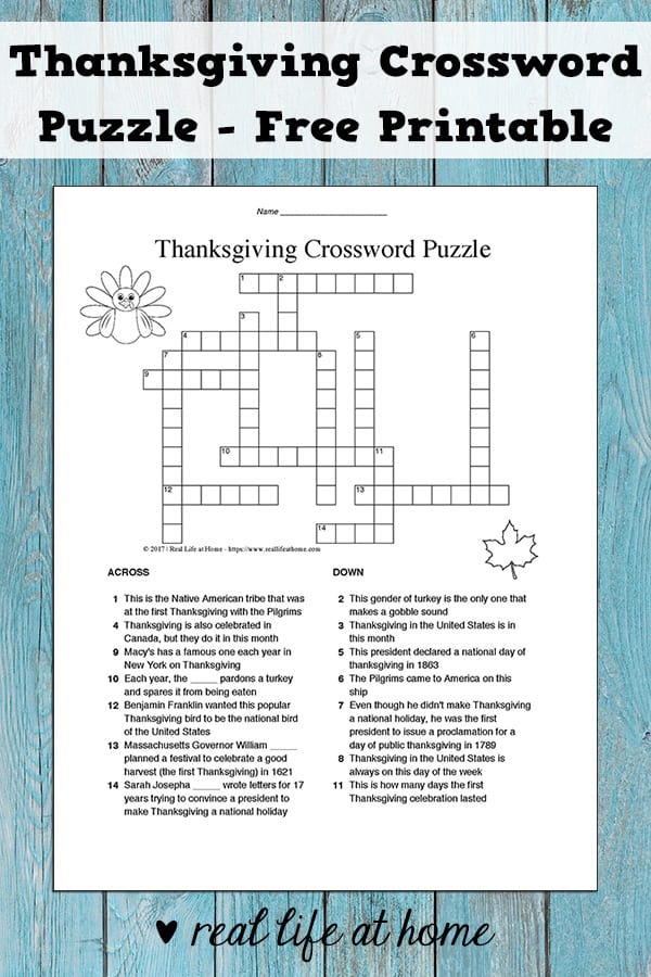 A free printable Thanksgiving crossword puzzle (includes an answer key). This is perfect for upper elementary, middle school, and high school students. #Thanksgiving #ThanksgivingPrintables #CrosswordPuzzlePrintables