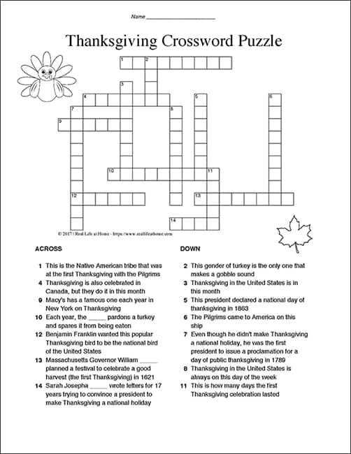 A free printable Thanksgiving crossword puzzle (includes an answer key). This is perfect for upper elementary, middle school, and high school students. #Thanksgiving #ThanksgivingPrintables #CrosswordPuzzlePrintables