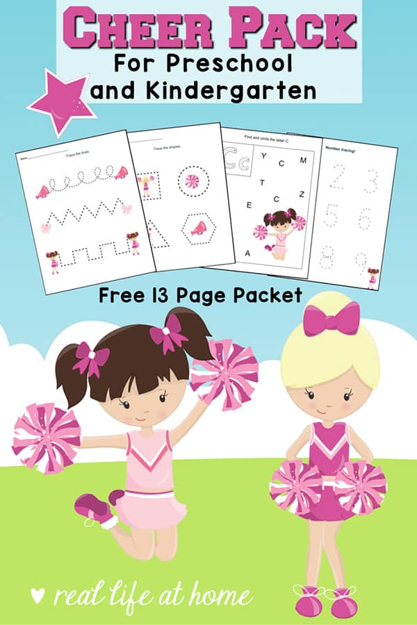 Free Cheerleader Printables Packet for preschool and kindergarten featuring cheerleading worksheets with basic skills plus 3 fun cheerleading coloring pages #cheerleading #cheerleader #FreePrintables