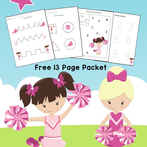 Free Cheerleader Printables Packet for preschool and kindergarten featuring cheerleading worksheets with basic skills plus 3 fun cheerleading coloring pages