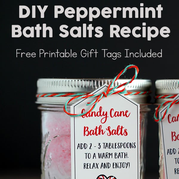 Homemade peppermint bath salts are a great DIY gift for the holidays! Here's a recipe for candy cane bath salts plus a free printable set of gift tags. #HomemadeGifts #PeppermintBathSalts #KidMadeGifts | Real Life at Home