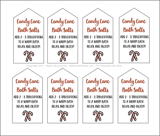 Homemade peppermint bath salts are a great DIY gift for the holidays! Here's a recipe for candy cane bath salts plus a free printable set of gift tags. #HomemadeGifts #PeppermintBathSalts #PrintableGiftTags | Real Life at Home