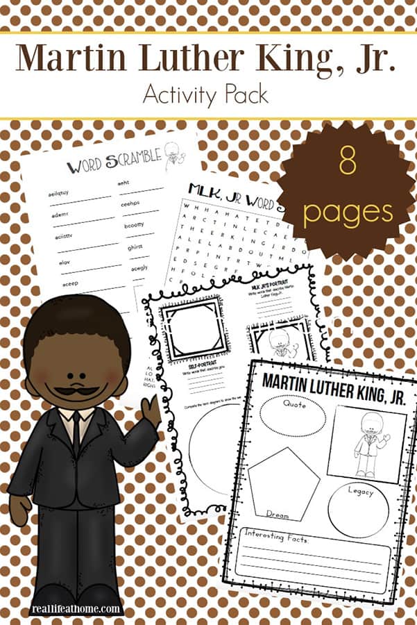 Free printable eight page Martin Luther King Jr. worksheets packet which includes items such as a Martin Luther King Jr. word search, MLK word scramble, and more. | Real Life at Home