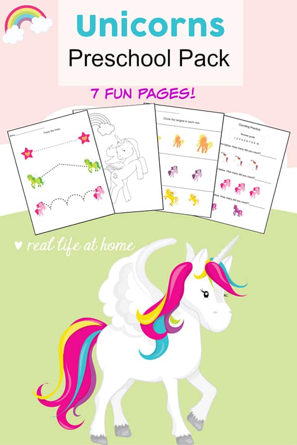 Fun basic skills practice with these magical unicorns printables packet! Free unicorn printables worksheets packet for preschool children featuring coloring, cutting, numbers, pre-writing, and more. #Unicorns #UnicornPrintables #UnicornWorksheets