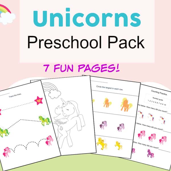 Fun basic skills practice with these magical unicorns printables packet! Free unicorn printables worksheets packet for preschool children featuring coloring, cutting, numbers, pre-writing, and more.