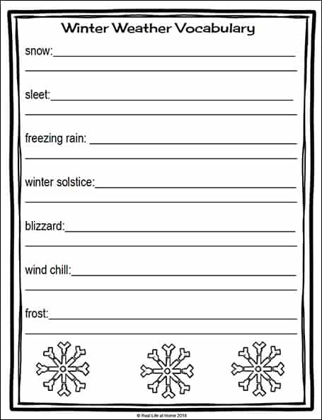 Winter Weather Definitions Page from the Free Eight Page Winter Science Printables Packet | Real Life at Home