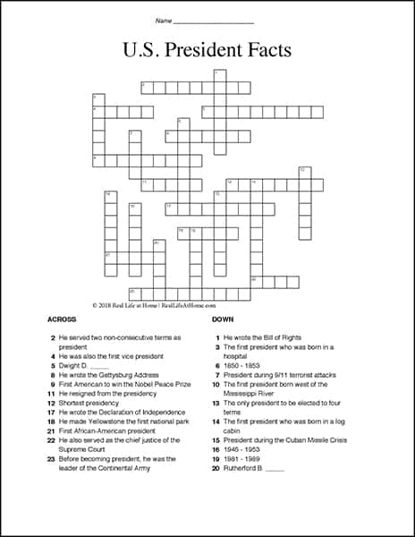 President Facts for Kids: Free U.S. Presidents Crossword Puzzle Worksheet | Real Life at Home