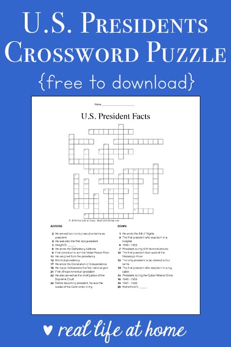 President Facts for Kids: Free U.S. Presidents Crossword Puzzle Worksheet