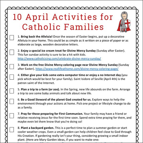 A free printable page that features 10 April Activities for Catholic Families to help your family have fun together while working on faith formation.