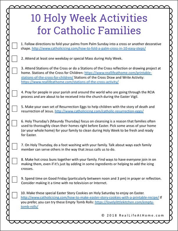 Free printable Holy Week Activities for Families with two versions of the printable, making it a perfect supplement for Holy Week for kids and families of many denominations. One of the version is a Catholic version. | Real Life at Home