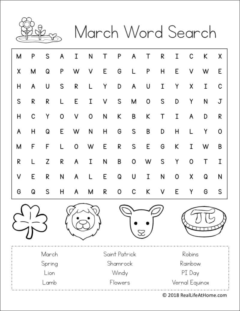 Free March Word Search Printable for Kids - perfect for class, spring, and St. Patrick's Day parties. This printable includes March search terms and phrases.