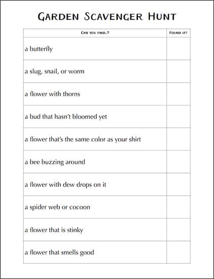 Garden Scavenger Hunt Page from the Free Garden and Plant Learning Packet