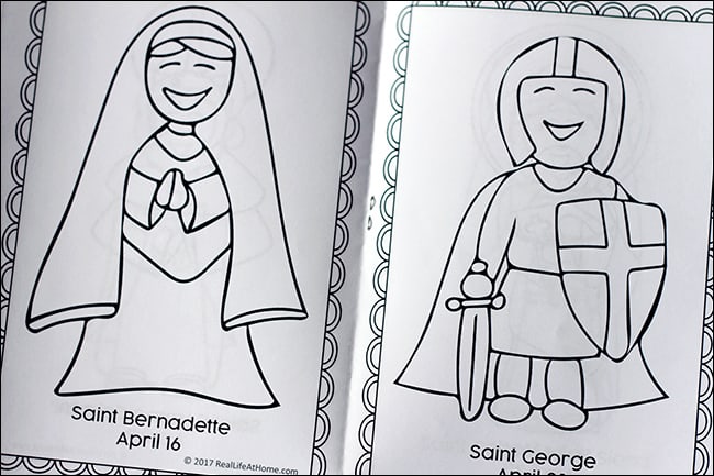 April Saints Coloring Book (inside) - Saint Bernadette and Saint George | Real Life at Home