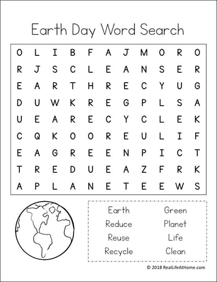 Free Earth Day Word Search from Real Life at Home (Easier Version, More Difficult Version Also Available)