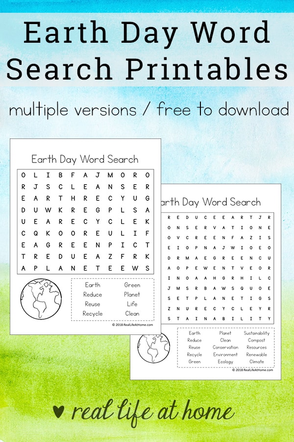 Free Earth Day Word Search Printable for Kids | Includes two versions which makes these Earth Day printables perfect for both elementary students and middle school students
