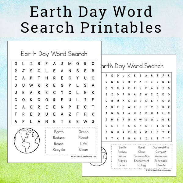 Free Earth Day Word Search Printable for Kids | Includes two versions which makes these Earth Day printables perfect for both elementary students and middle school students