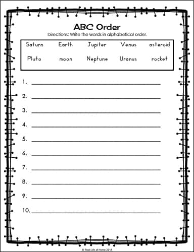 Our Solar System - Alphabetical Order Worksheet {from the Free Solar System Printables Packet on Real Life at Home}