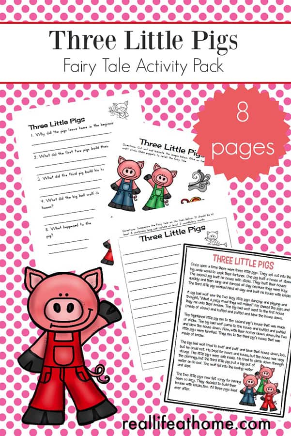 Free Three Little Pigs Worksheets and Activities Packet for Kindergarten - 2nd grade. This packet includes a Three Little Pigs Story Printable, Three Little Pigs sequencing cards, Three Little Pigs puppets page, and more! | Real Life at Home