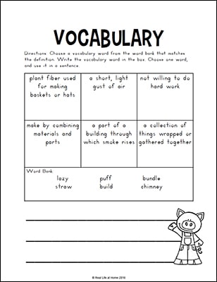 Three Little Pigs Vocabulary Page from Real Life at Home