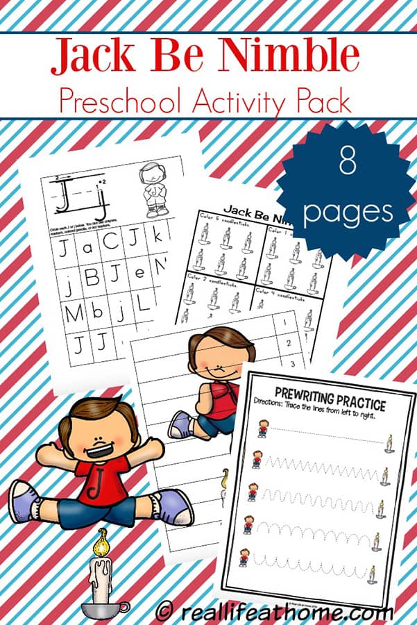 Fun basic skills practice for preschool and kindergarten using the nursery rhyme, Jack Be Nimble. Free Jack Be Nimble preschool learning packet featuring coloring, cutting, numbers, writing, and more.