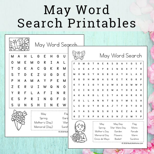 Free May Word Search Printable for Kids - perfect for class parties, spring parties, or just a fun time filler for early finishers. This printable includes May search terms and phrases. There are two versions of this printable with different levels of difficulty.