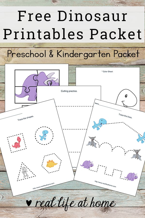 Basic skills practice with this dinosaur printables packet! Free worksheets packet for preschool children featuring coloring, cutting, pre-writing, and more