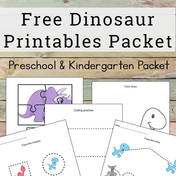 Basic skills practice with this dinosaur printables packet! Free worksheets packet for preschool children featuring coloring, cutting, pre-writing, and more