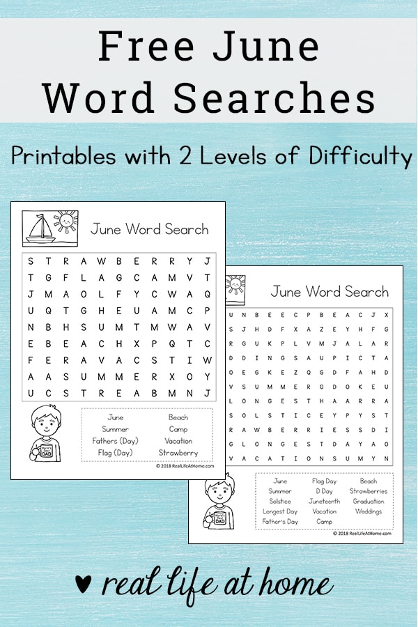Free June Word Search Printable for Kids - There are two versions of this printable with different levels of difficulty. | Real Life at Home