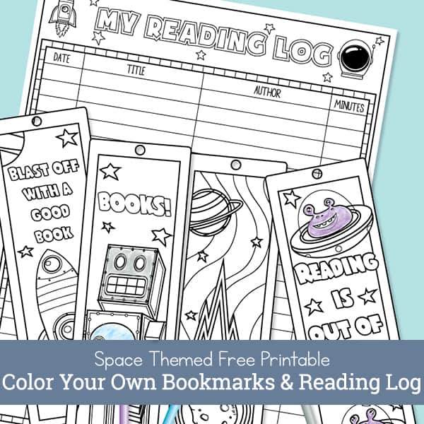 This post has a free printable space-themed reading log and a set of four space bookmarks to color for kids. Themes include rockets, robots, asteroids, & more. | Real Life at Home